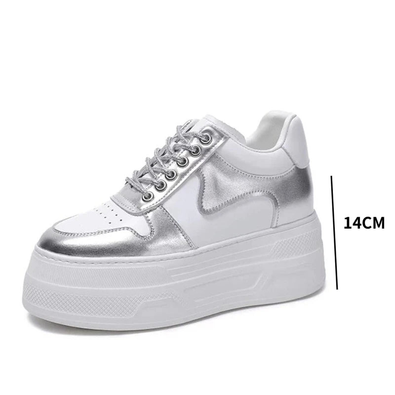 Women Casual Shoes White Silver Genuine Leather Hidden Heel Sneakers Thick Sole Chunky Platform Shoes
