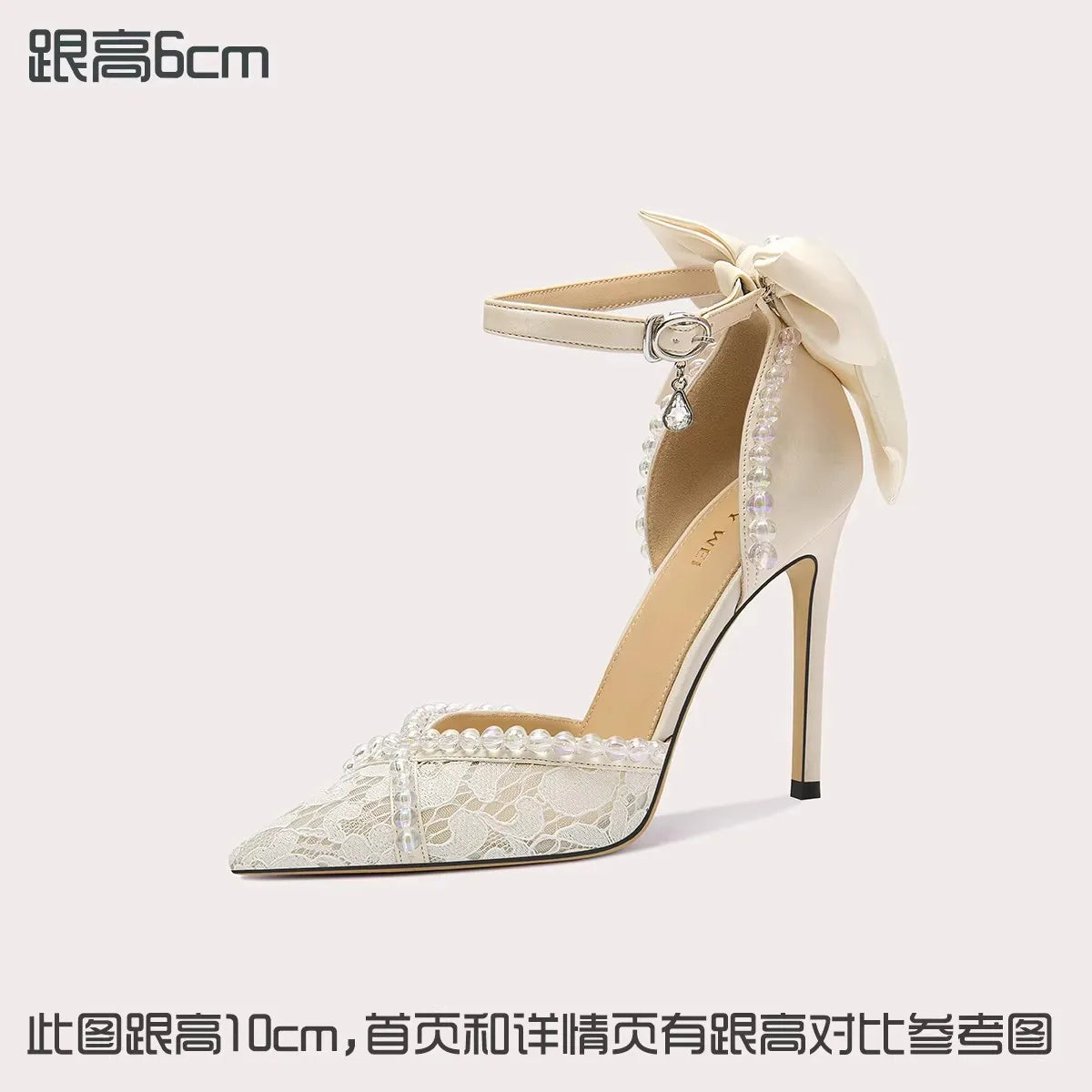 Spring and Summer New Pointed Lace Bow Pearl Wedding Shoes Banquet Dress Large Size Small Size Thin High-Heeled Women'S Sandals