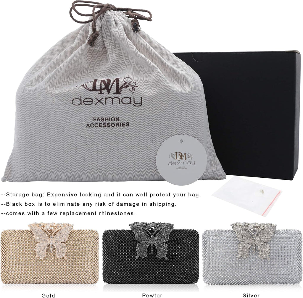 Dexmay Rhinestone Clutch Bag with Crystal Butterfly Clasp Women Evening Handbag Formal Party Purse