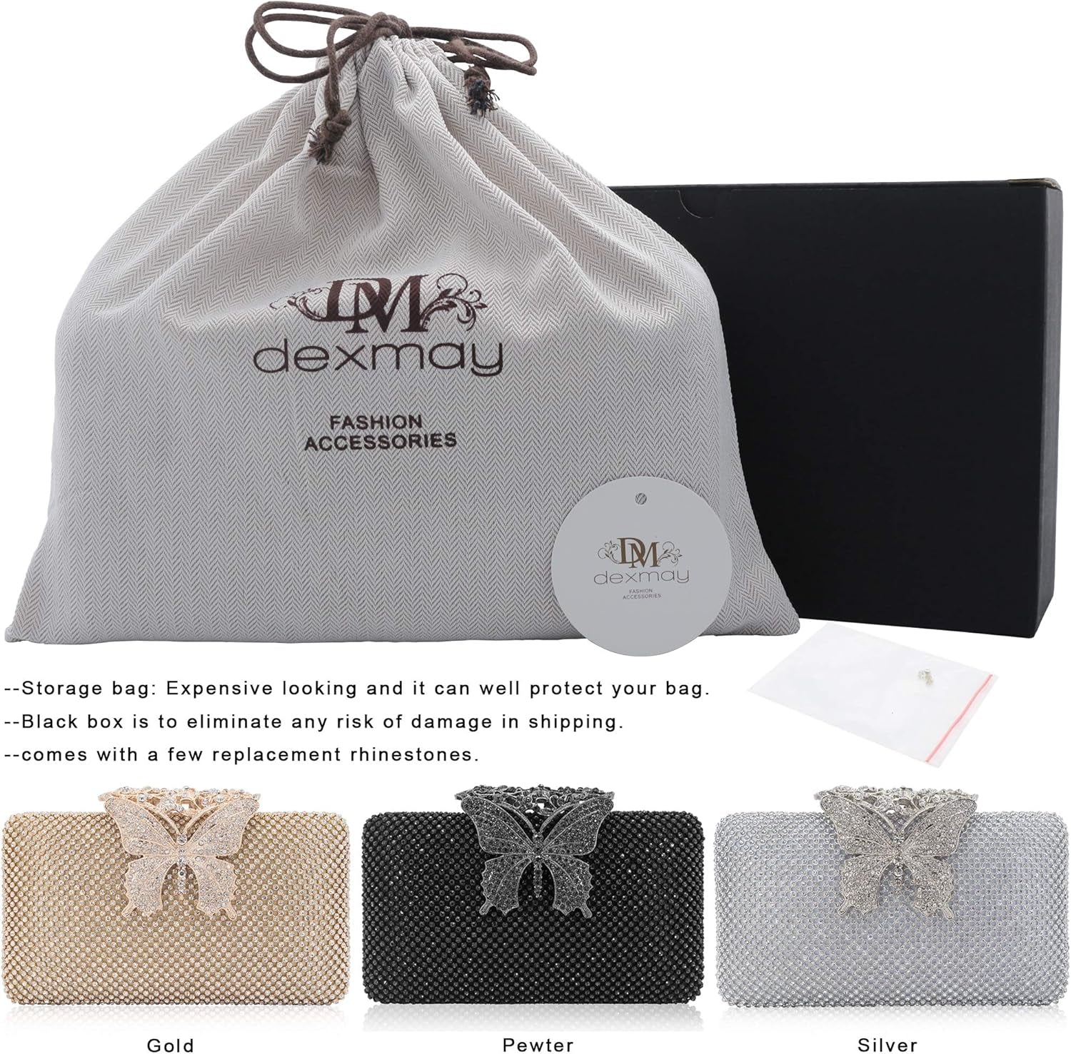 Dexmay Rhinestone Clutch Bag with Crystal Butterfly Clasp Women Evening Handbag Formal Party Purse
