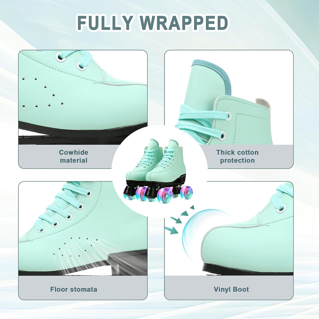 Roller Skates for Women and Men Cowhide High-Top Shoes Classic Double-Row Roller Skate Four-Wheel Roller Skates for Men Girls Unisex