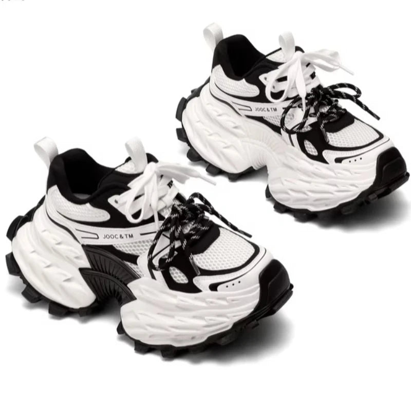 Genuine Leather Double Lace-Up Chunky Sneakers Women'S Thick Soled Height Increasing Shoes Comfortable Breathable Casual Shoes