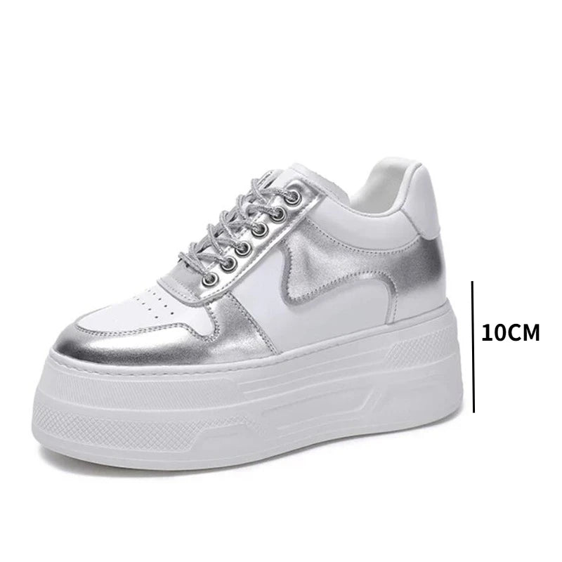 Women Casual Shoes White Silver Genuine Leather Hidden Heel Sneakers Thick Sole Chunky Platform Shoes