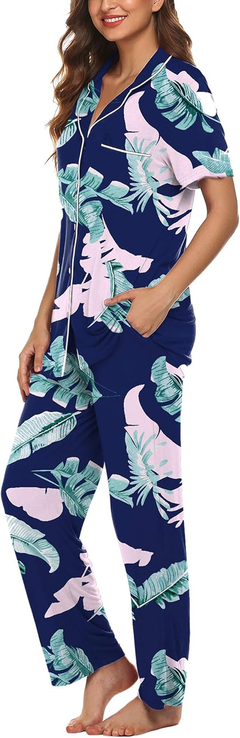 Women Pajamas Set Notch Collar Soft Sleepwear Pjs Short Sleeve Button down Nightwear with Long Pants