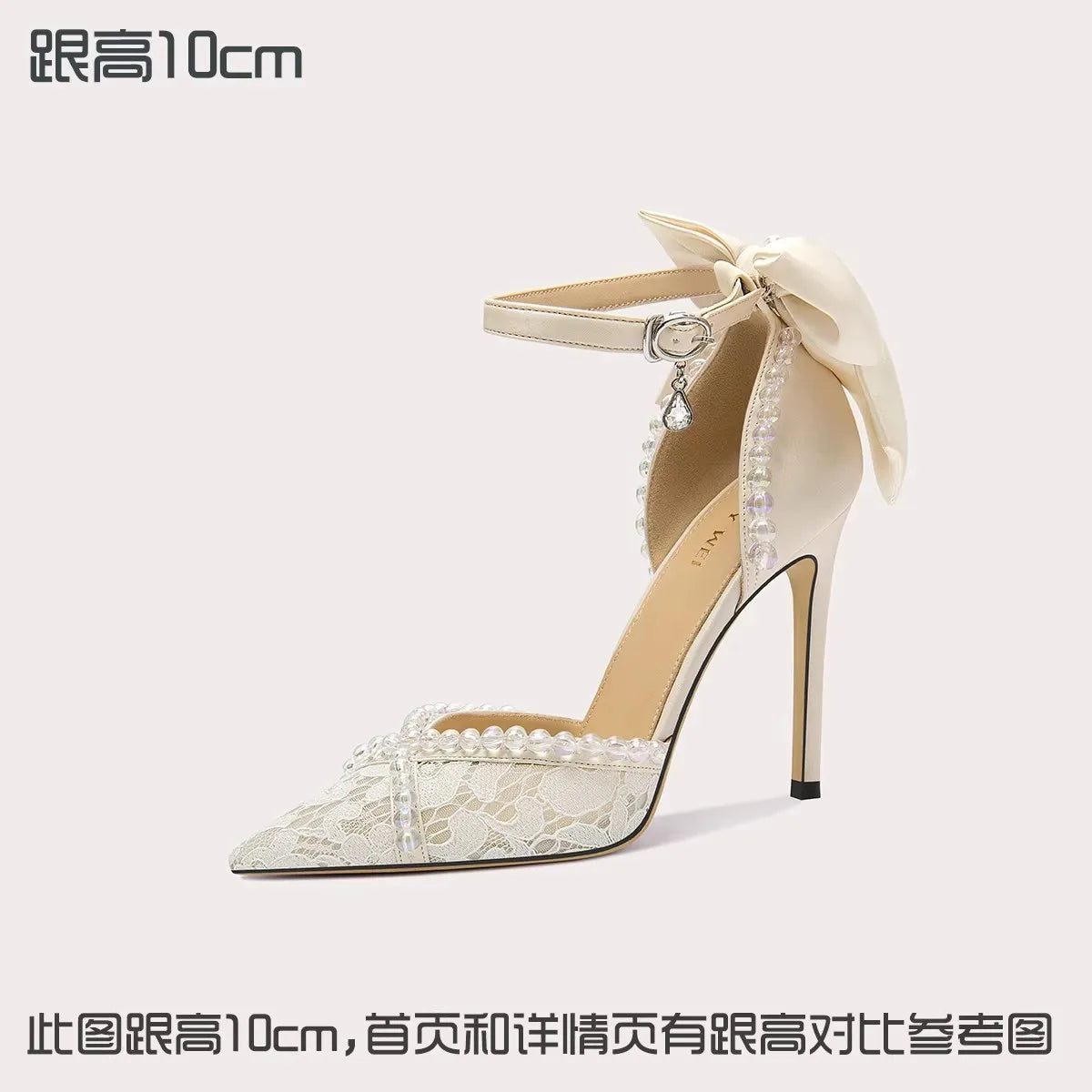 Spring and Summer New Pointed Lace Bow Pearl Wedding Shoes Banquet Dress Large Size Small Size Thin High-Heeled Women'S Sandals