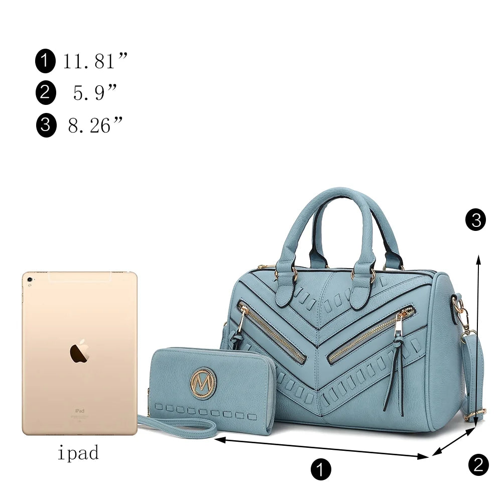 Lara Vegan Leather Women'S Satchel Bag, Elegant Designer Handbag & Wristlet Wallet 2 Pcs