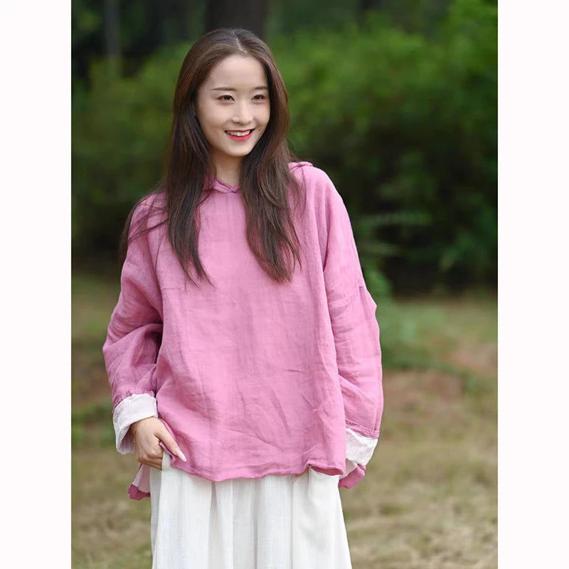 Spring New Arts Style Women Long Sleeve Loose Hooded All-Matched Casual Vintage Cotton Linen Pullovers Hoodies Good Quality JM35