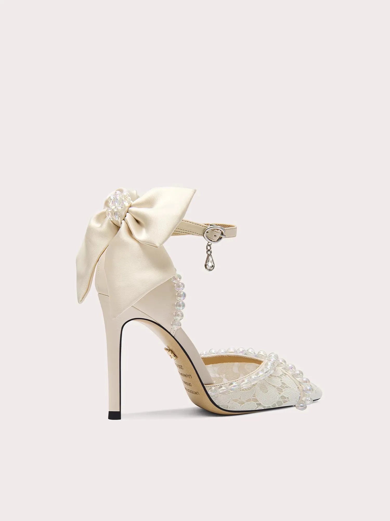 Spring and Summer New Pointed Lace Bow Pearl Wedding Shoes Banquet Dress Large Size Small Size Thin High-Heeled Women'S Sandals