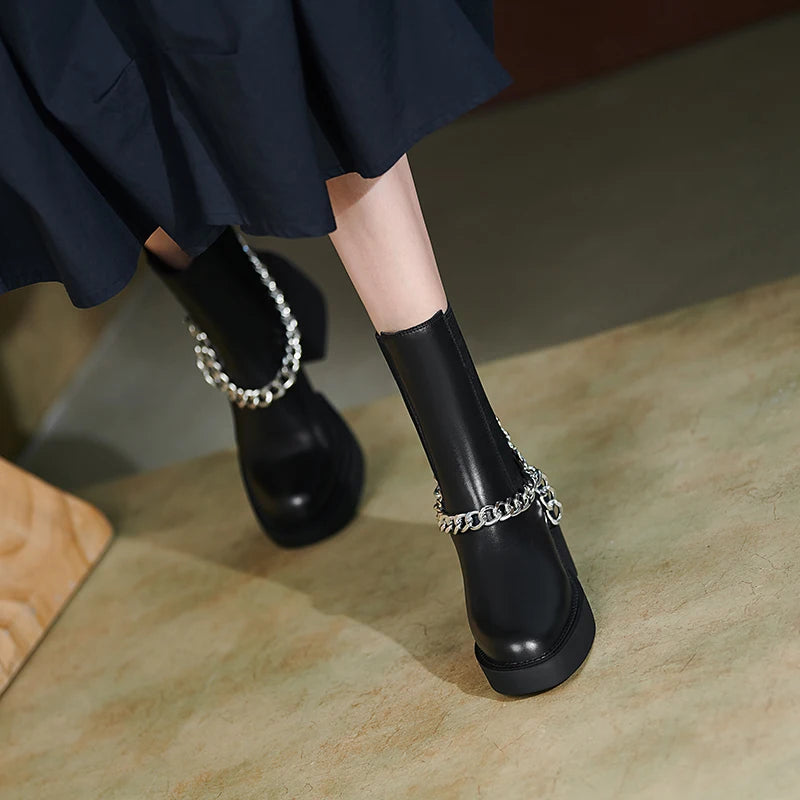 2024 Winter Women Shoes Genuine Leather Women Boots Platform round Toe Chunky Heel Women Shoes High Heel Boots Real Leather