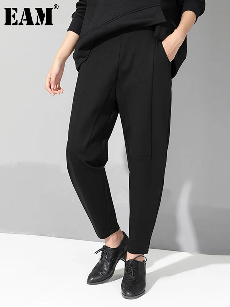 [] Women Patchwork Split Joint Brief Pants New Spring Autumn High Elastic Waist Black Loose Trousers Fashion Tide 2026 JQ013
