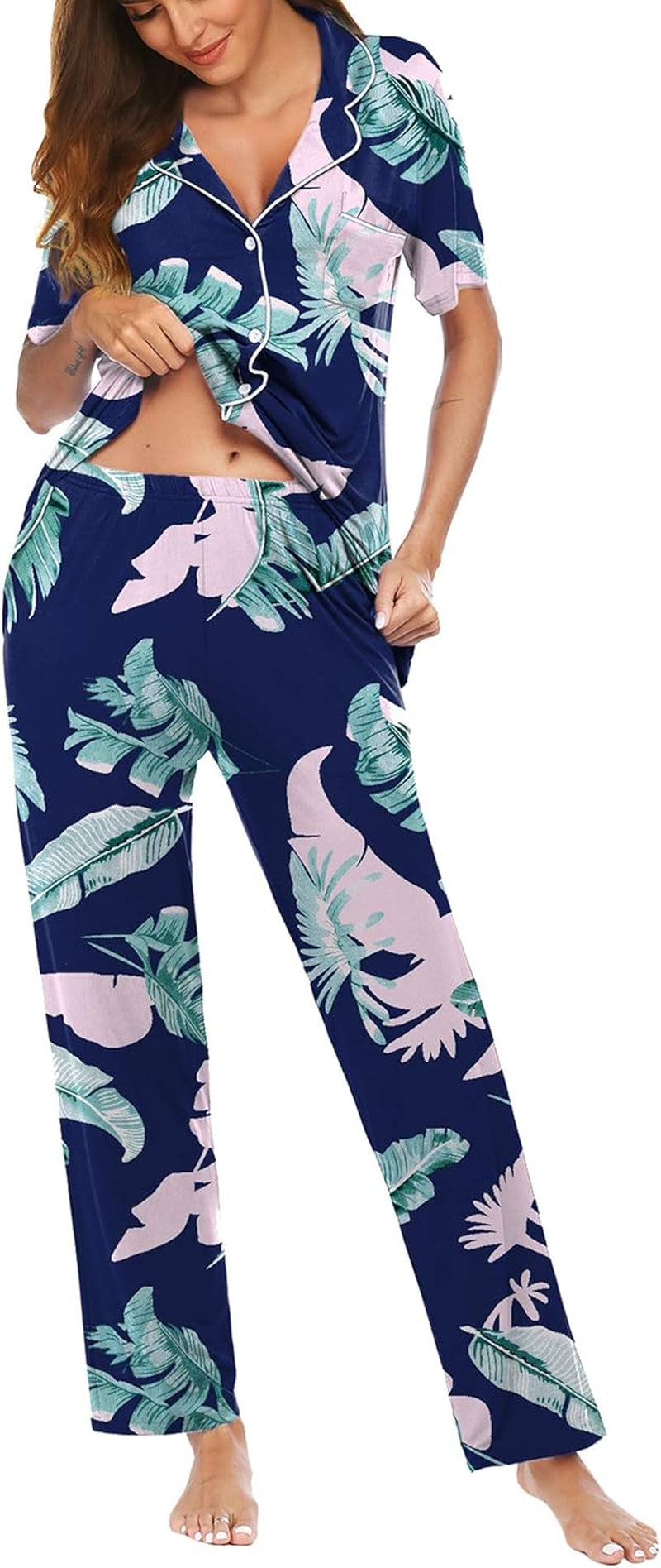 Women Pajamas Set Notch Collar Soft Sleepwear Pjs Short Sleeve Button down Nightwear with Long Pants