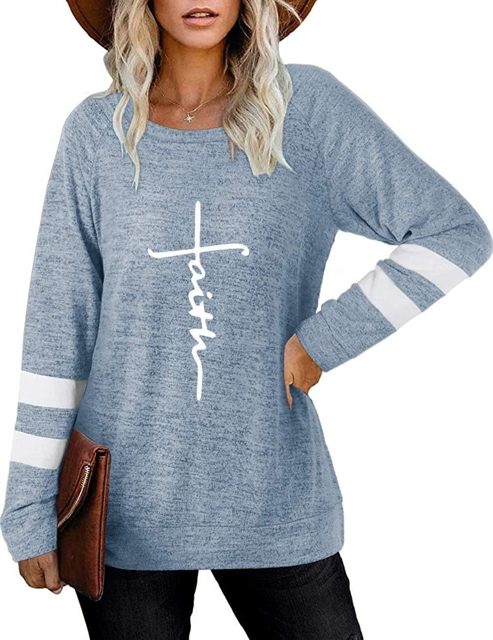 Womens Long Sleeve Sweatshirts Crewneck Color Block Sweaters Tunic Tops Faith Print Shirts