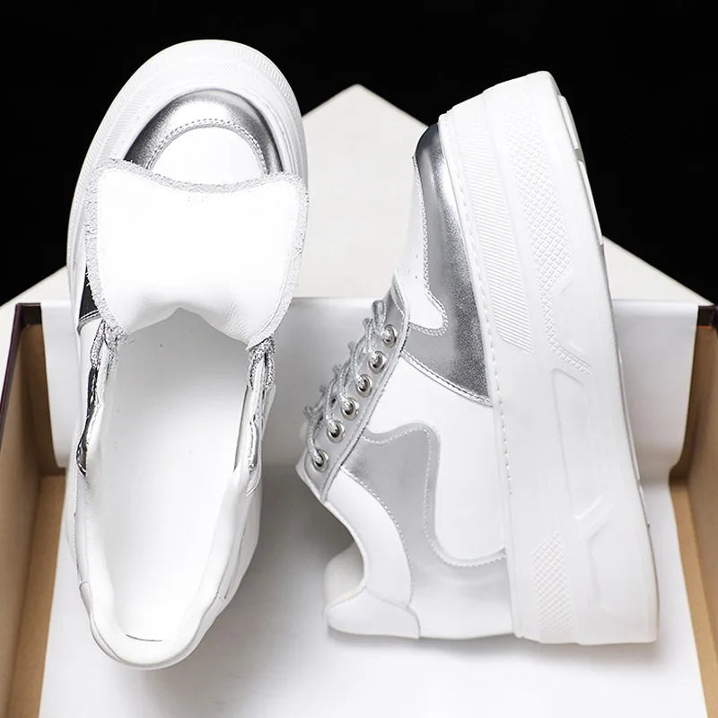 Women Casual Shoes White Silver Genuine Leather Hidden Heel Sneakers Thick Sole Chunky Platform Shoes