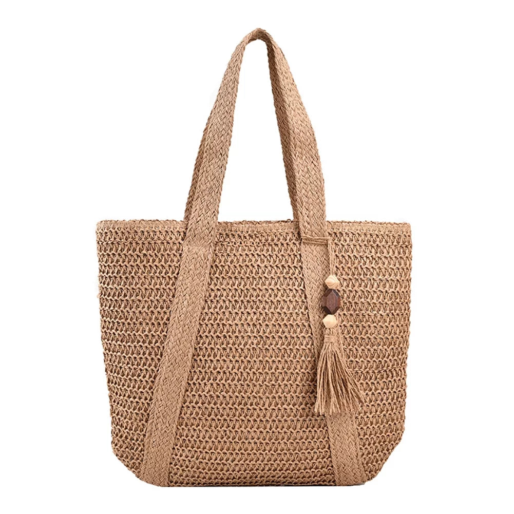 Large Straw Beach Bag for Women, Straw Tote Bag with Tassels, Woven Summer Handbag Shoulder Bag for Outdoor Vacation