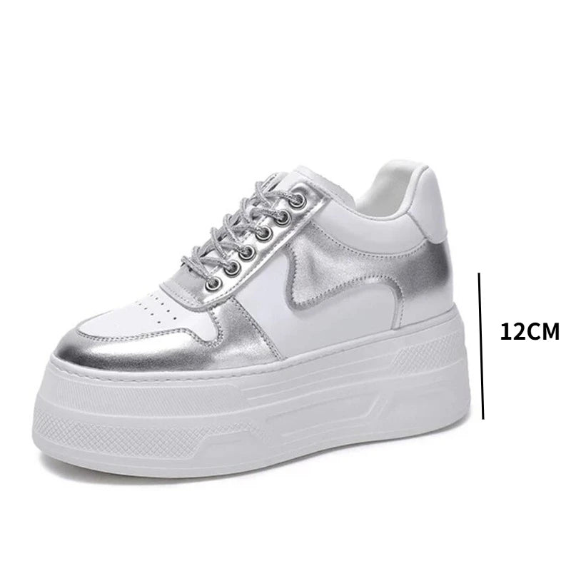 Women Casual Shoes White Silver Genuine Leather Hidden Heel Sneakers Thick Sole Chunky Platform Shoes