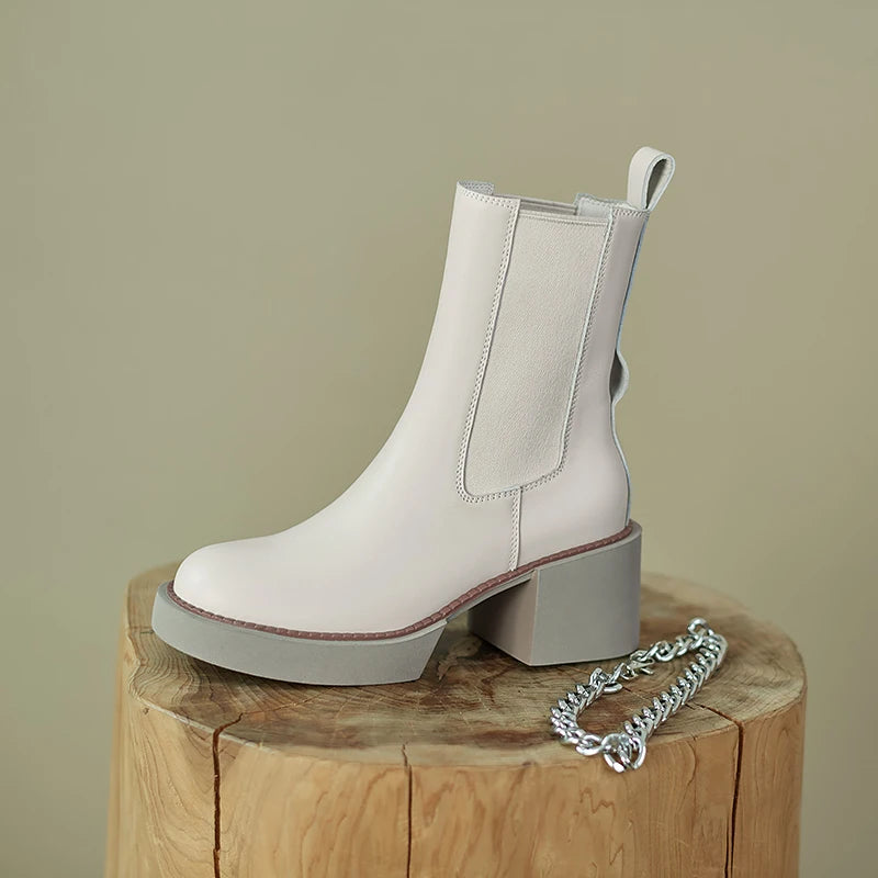 2024 Winter Women Shoes Genuine Leather Women Boots Platform round Toe Chunky Heel Women Shoes High Heel Boots Real Leather