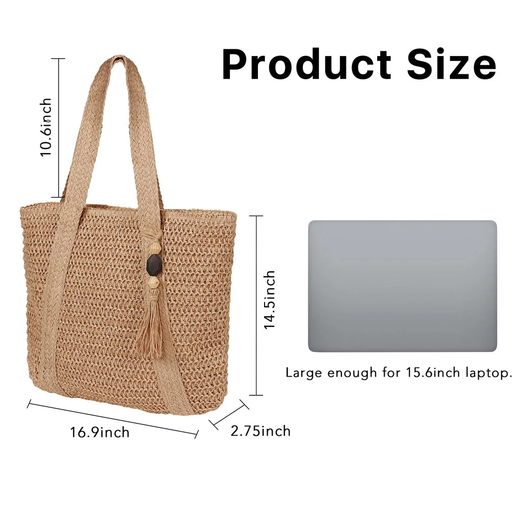 Large Straw Beach Bag for Women, Straw Tote Bag with Tassels, Woven Summer Handbag Shoulder Bag for Outdoor Vacation