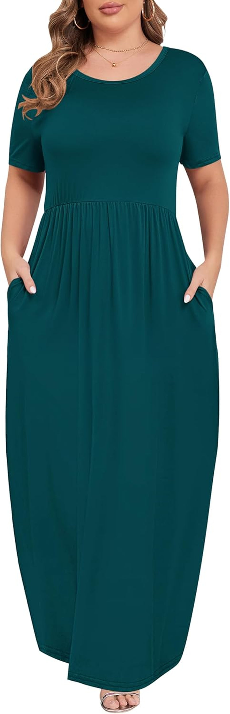 Women plus Size Maxi Dress Short Sleeve round Neck Loose Fit A-Line | plus Size Long Dress,Summer Casual Maxi Dresses,Short Sleeve,Side Pockets,Round Neck,Elastic Waist,14 plus – 26 Plus