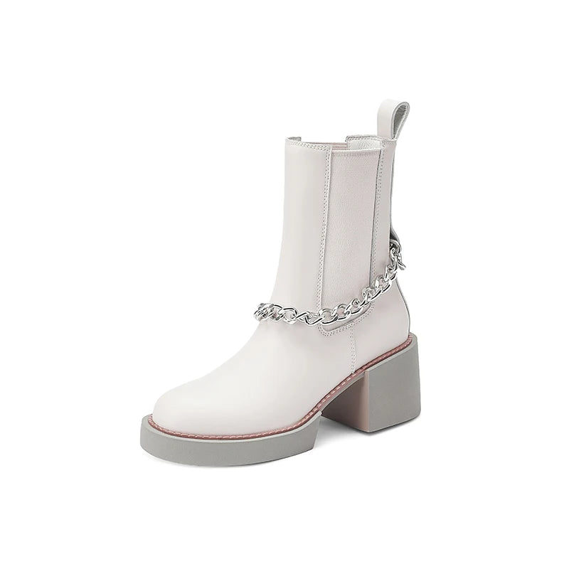 2024 Winter Women Shoes Genuine Leather Women Boots Platform round Toe Chunky Heel Women Shoes High Heel Boots Real Leather