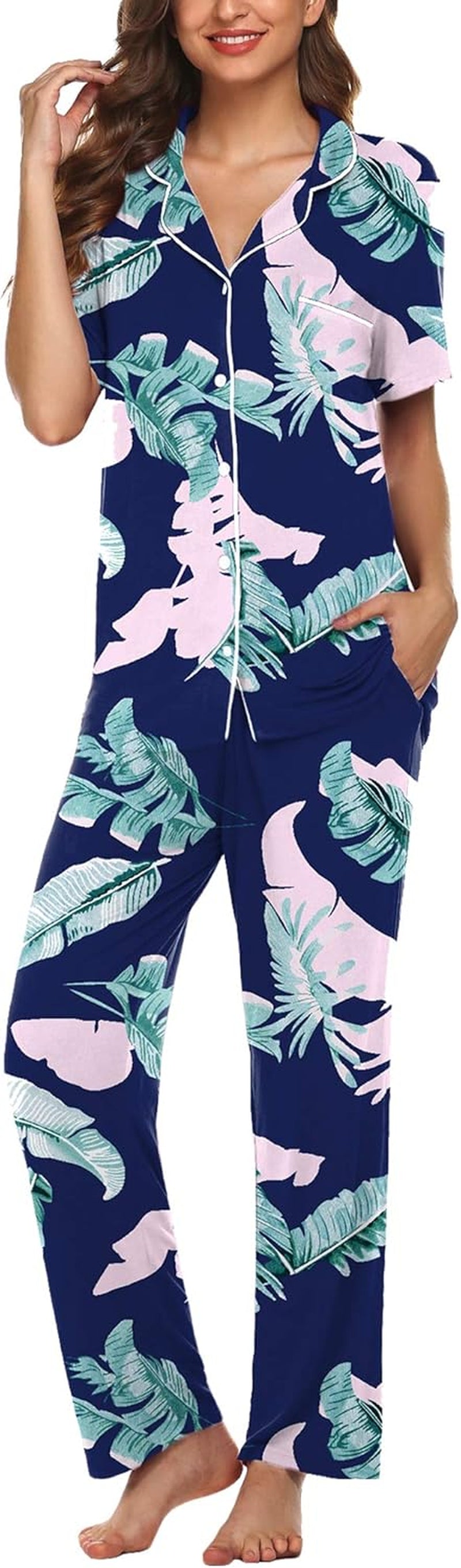 Women Pajamas Set Notch Collar Soft Sleepwear Pjs Short Sleeve Button down Nightwear with Long Pants