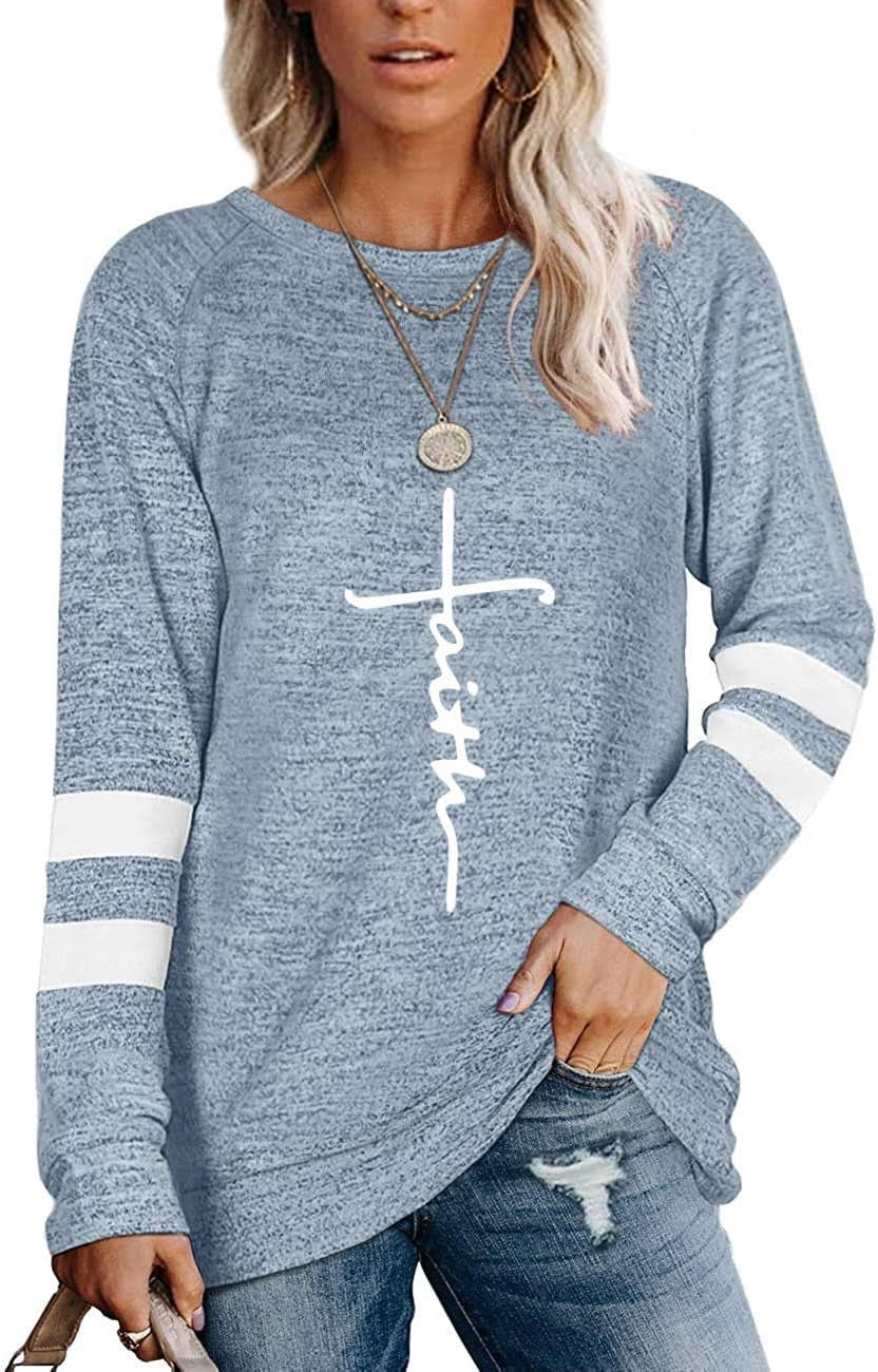 Womens Long Sleeve Sweatshirts Crewneck Color Block Sweaters Tunic Tops Faith Print Shirts