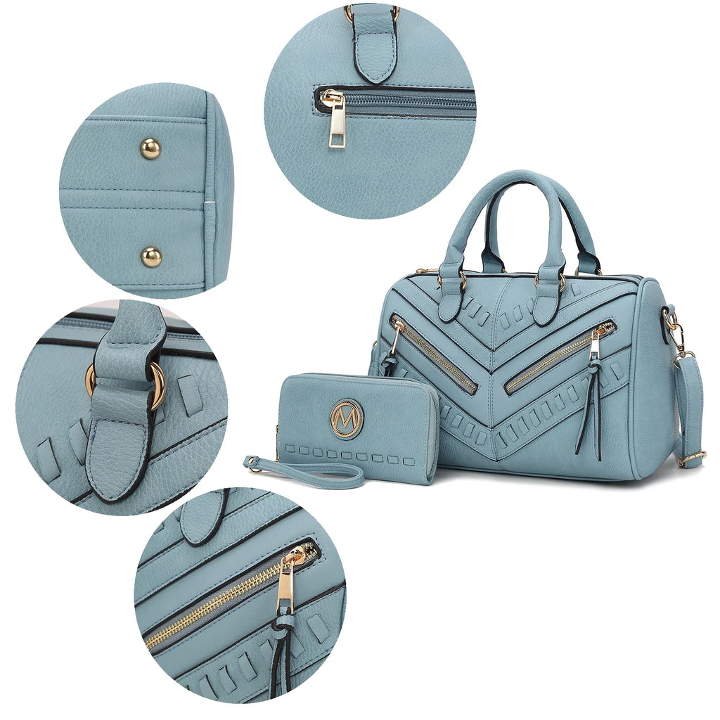 Lara Vegan Leather Women'S Satchel Bag, Elegant Designer Handbag & Wristlet Wallet 2 Pcs