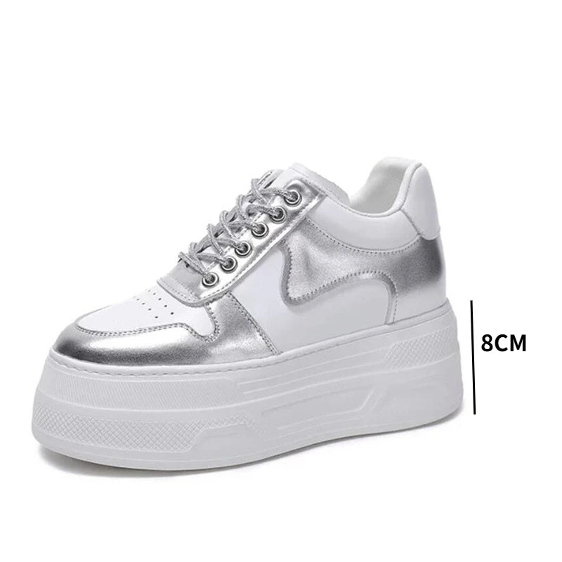 Women Casual Shoes White Silver Genuine Leather Hidden Heel Sneakers Thick Sole Chunky Platform Shoes