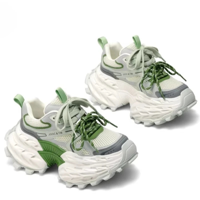 Genuine Leather Double Lace-Up Chunky Sneakers Women'S Thick Soled Height Increasing Shoes Comfortable Breathable Casual Shoes