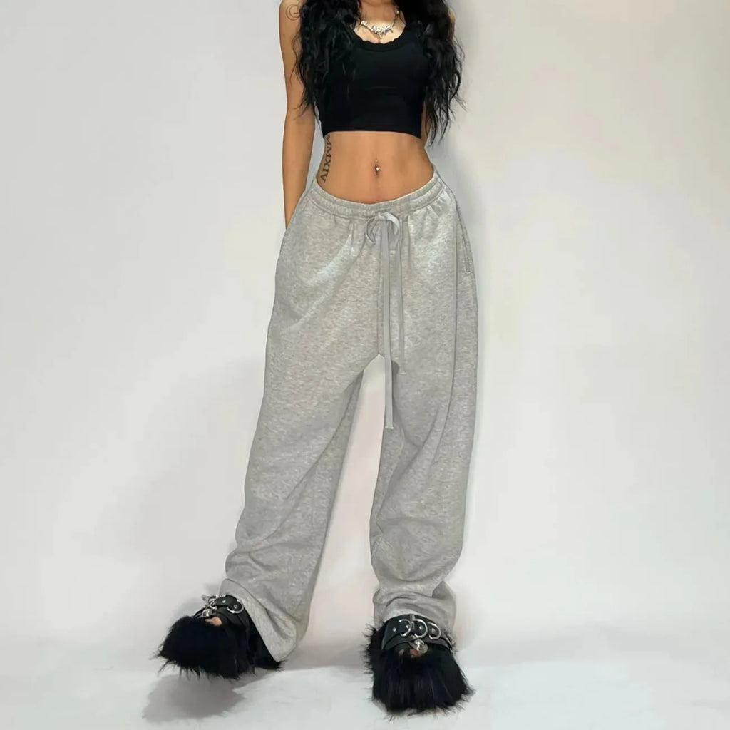 Oversize Woman Grey Black Sweatpants Y2K Korean Streetwear Loose Casual Jogger Pants High Waist All Match Drawstring Trousers