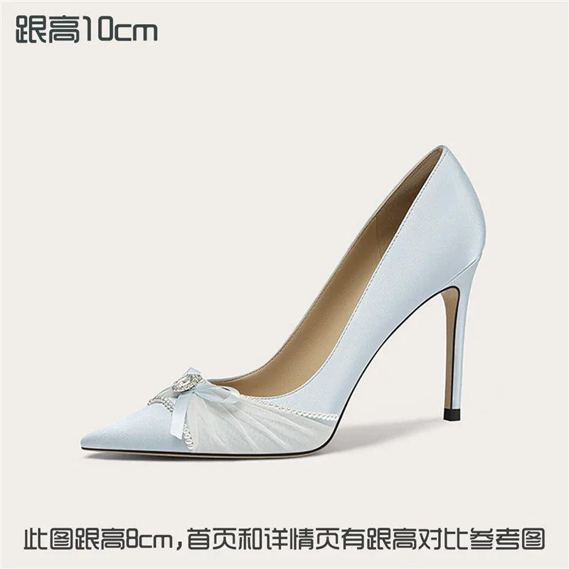 Spring New Pointed Silk Pearl Rhinestone Bow Fine Heeled Shoes for Banquets, Large Size Small Size High Heels Women'S Shoes