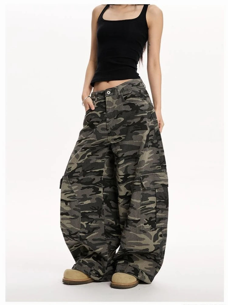 Women'S Large Side Pocket Curved Loose Camouflage Pants Street Cool Girl Bottoms Female Unisex High Waist Wide Leg Trousers