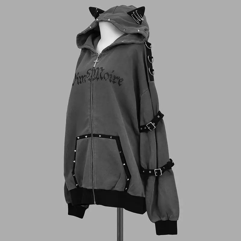 Y2K Aesthetic Letter Print Punk Hoodies Women Grunge Loose Pocket Oversized Hoody Harajuku Casual Streetwear Zipper Sweatshirts