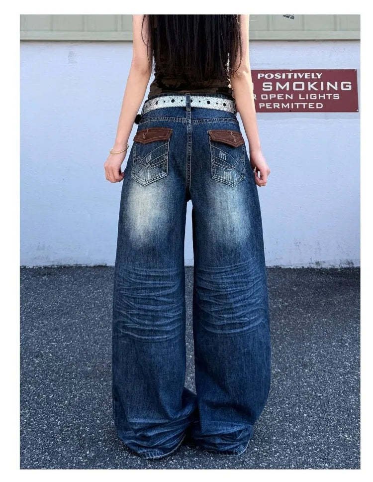 Women'S Retro Blue High Waisted Jeans Street Fashion Cool Girl Wide Leg Streetwear Trouser Female Casual Vintage Denim Pants