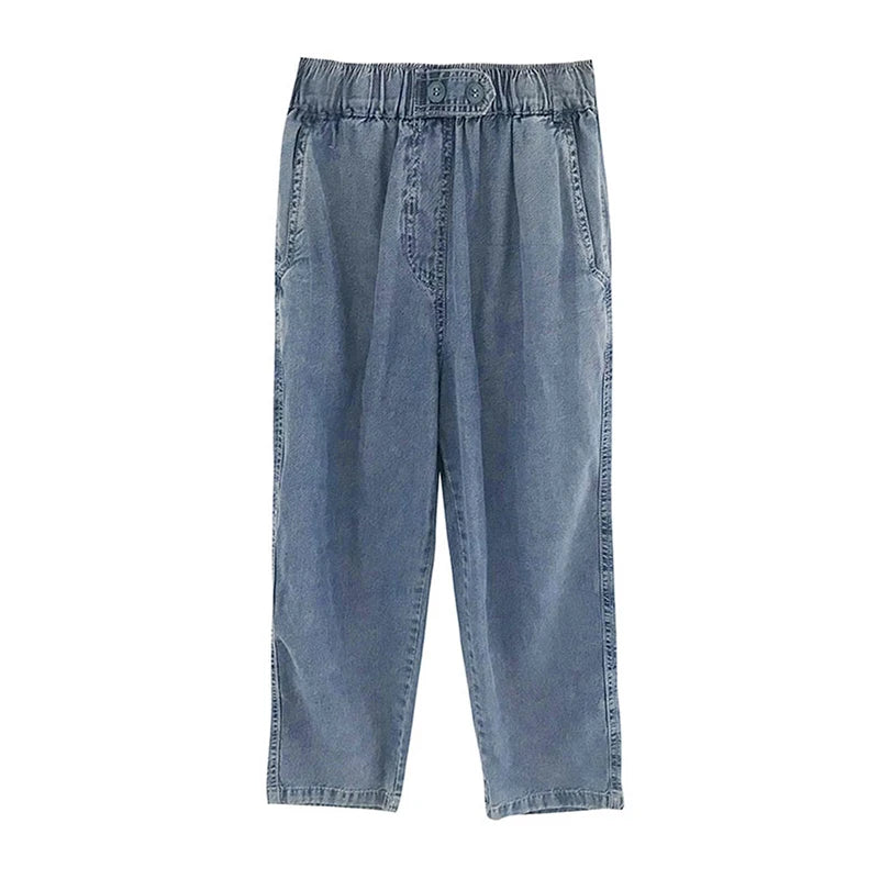 Summer plus Size Jeans Woman Casual Loose Baggy Denim Harem Pants Elastic Waist Thin Cotton Mom Jeans Women Ankle-Length Slacks