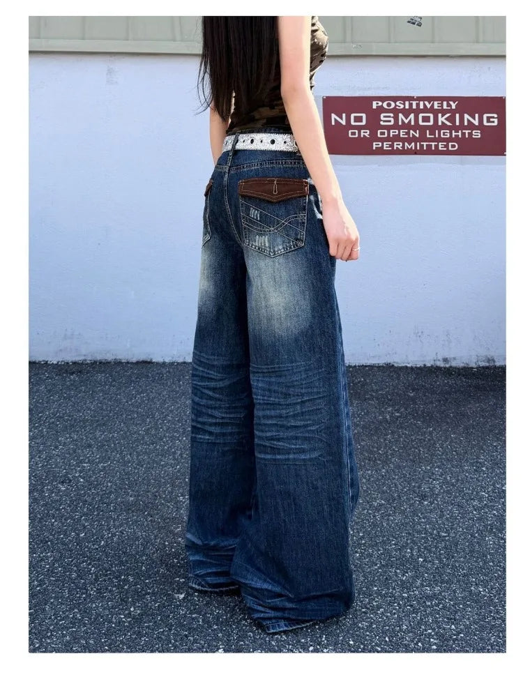 Women'S Retro Blue High Waisted Jeans Street Fashion Cool Girl Wide Leg Streetwear Trouser Female Casual Vintage Denim Pants
