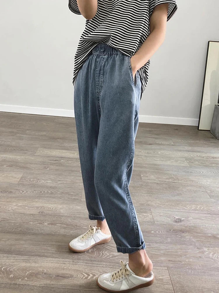 Summer plus Size Jeans Woman Casual Loose Baggy Denim Harem Pants Elastic Waist Thin Cotton Mom Jeans Women Ankle-Length Slacks