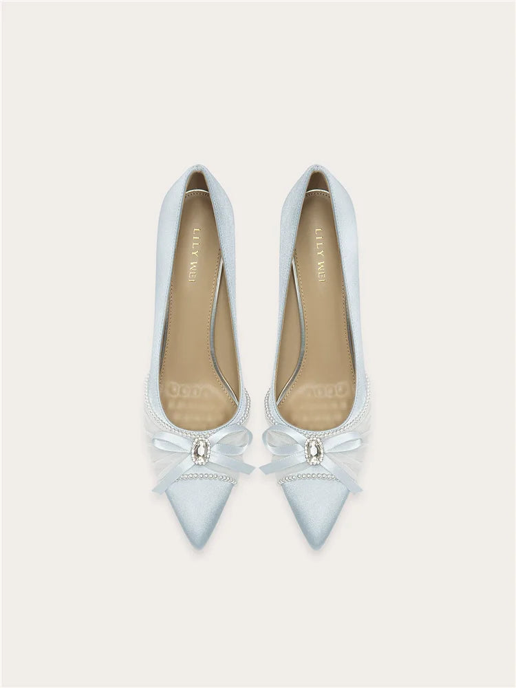 Spring New Pointed Silk Pearl Rhinestone Bow Fine Heeled Shoes for Banquets, Large Size Small Size High Heels Women'S Shoes