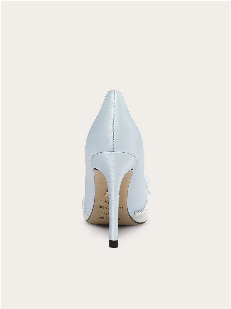 Spring New Pointed Silk Pearl Rhinestone Bow Fine Heeled Shoes for Banquets, Large Size Small Size High Heels Women'S Shoes