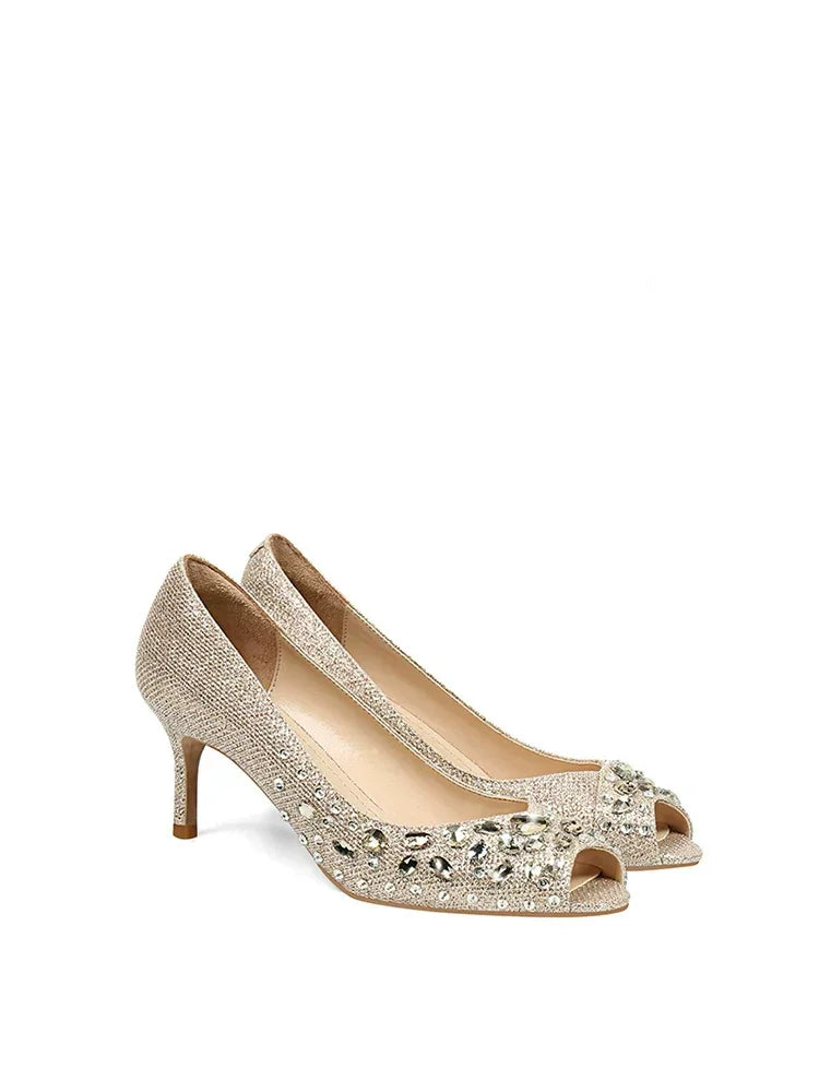 Spring and Summer New round Toe Fish Mouth Glitter Crystal Wedding Shoes Banquet Dress Small Size High-Heeled Women'S Sandals