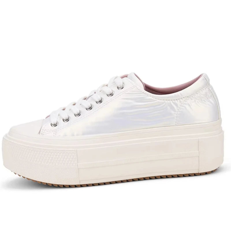 White Shoes for Women'S Sequin Cloth Thick Sole Height Increasing Shoes Comfortable Breathable Genuine Leather Casual Board Shoe