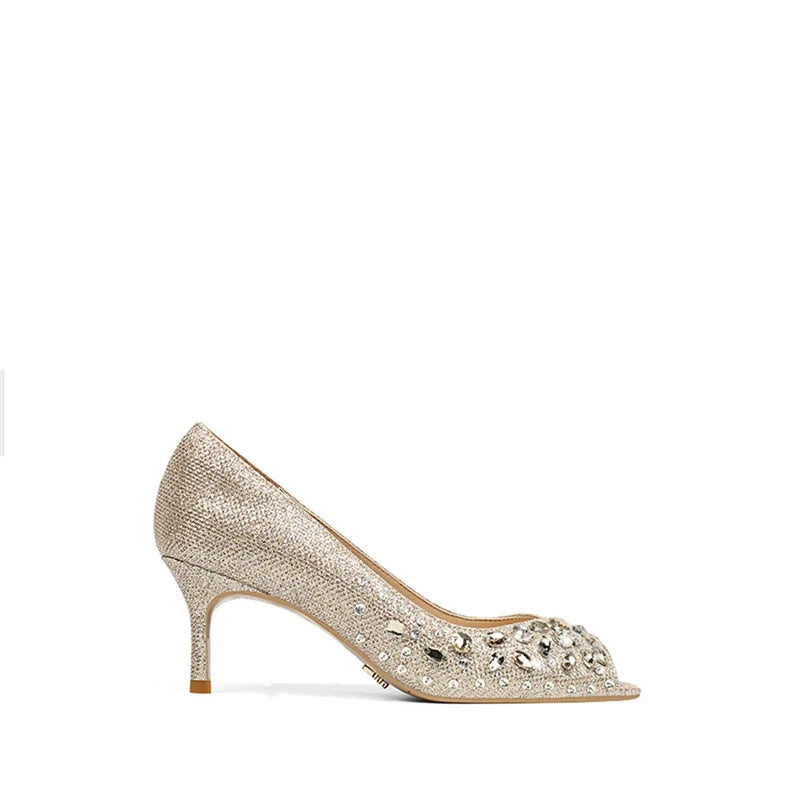 Spring and Summer New round Toe Fish Mouth Glitter Crystal Wedding Shoes Banquet Dress Small Size High-Heeled Women'S Sandals