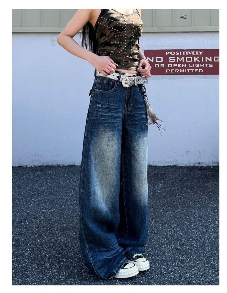 Women'S Retro Blue High Waisted Jeans Street Fashion Cool Girl Wide Leg Streetwear Trouser Female Casual Vintage Denim Pants