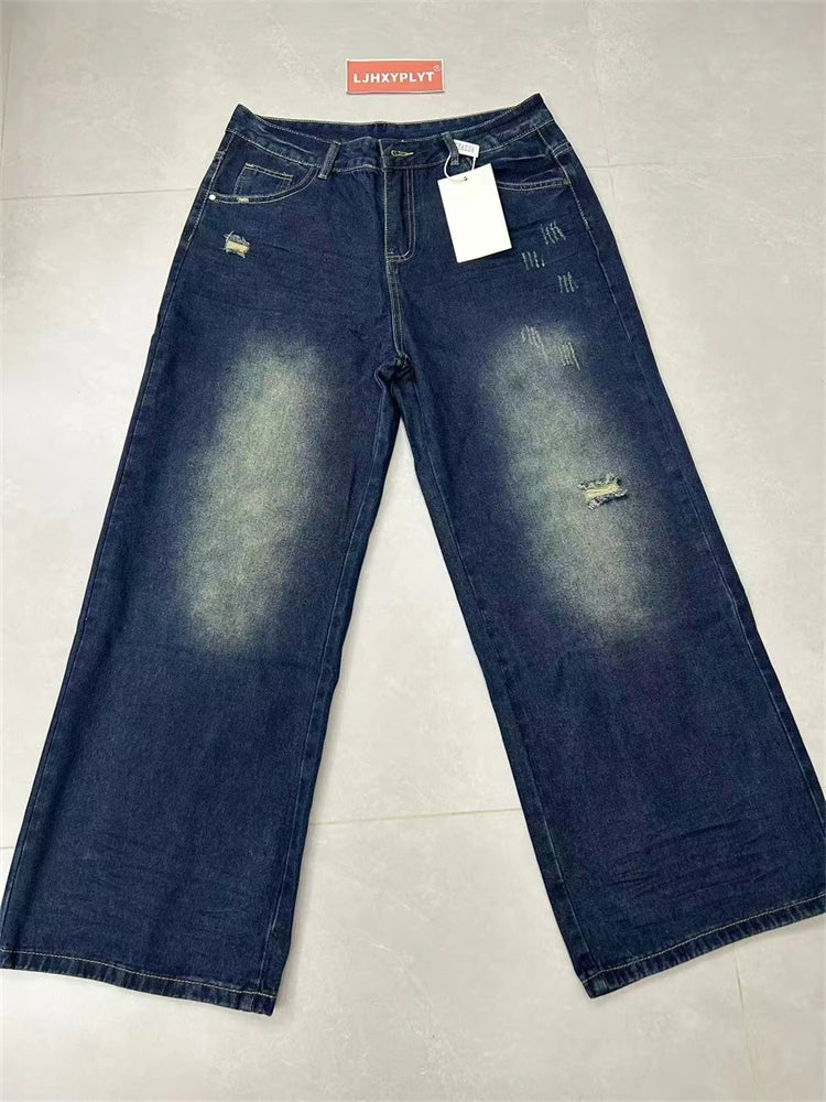 Women'S Retro Blue High Waisted Jeans Street Fashion Cool Girl Wide Leg Streetwear Trouser Female Casual Vintage Denim Pants