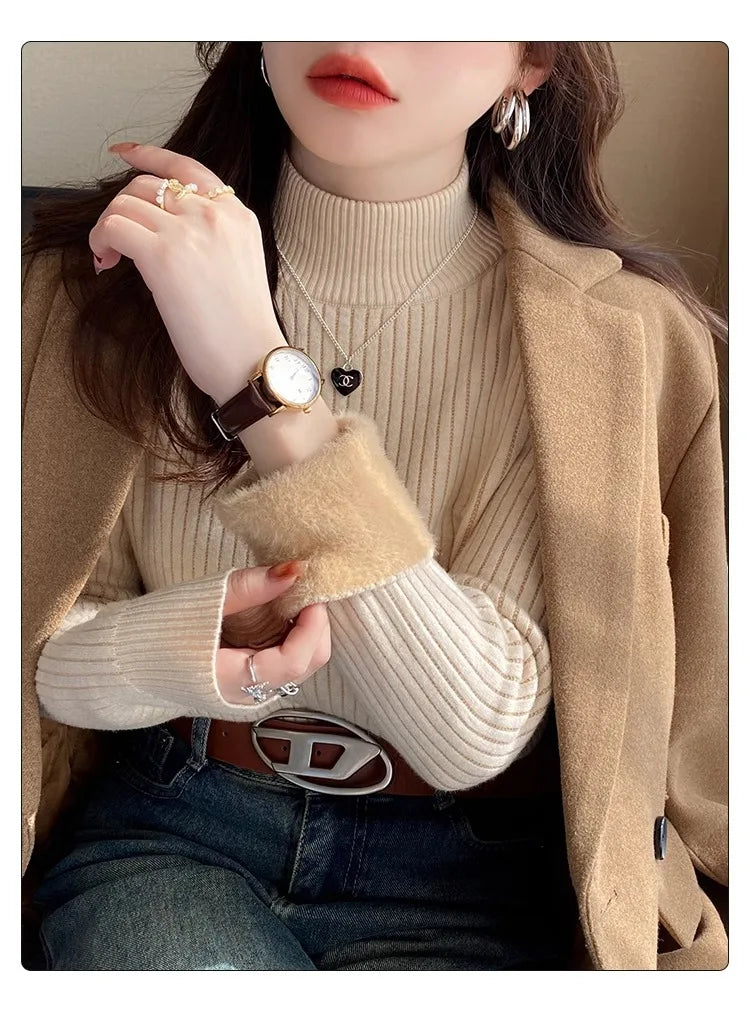Sweater for Women Winter Thicken Turtleneck Slim Knit Pullover New Warm Plush Velvet Lined Knitwear Jumper Tops Casual Poleras