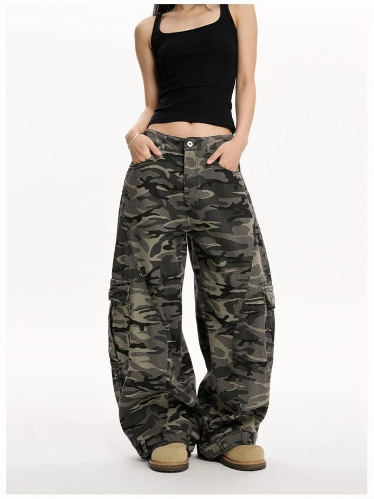 Women'S Large Side Pocket Curved Loose Camouflage Pants Street Cool Girl Bottoms Female Unisex High Waist Wide Leg Trousers