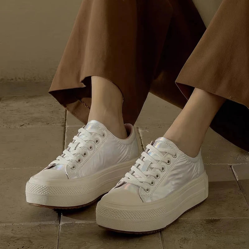 White Shoes for Women'S Sequin Cloth Thick Sole Height Increasing Shoes Comfortable Breathable Genuine Leather Casual Board Shoe