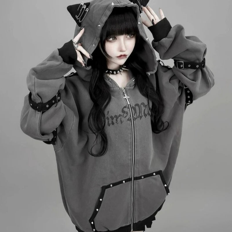 Y2K Aesthetic Letter Print Punk Hoodies Women Grunge Loose Pocket Oversized Hoody Harajuku Casual Streetwear Zipper Sweatshirts