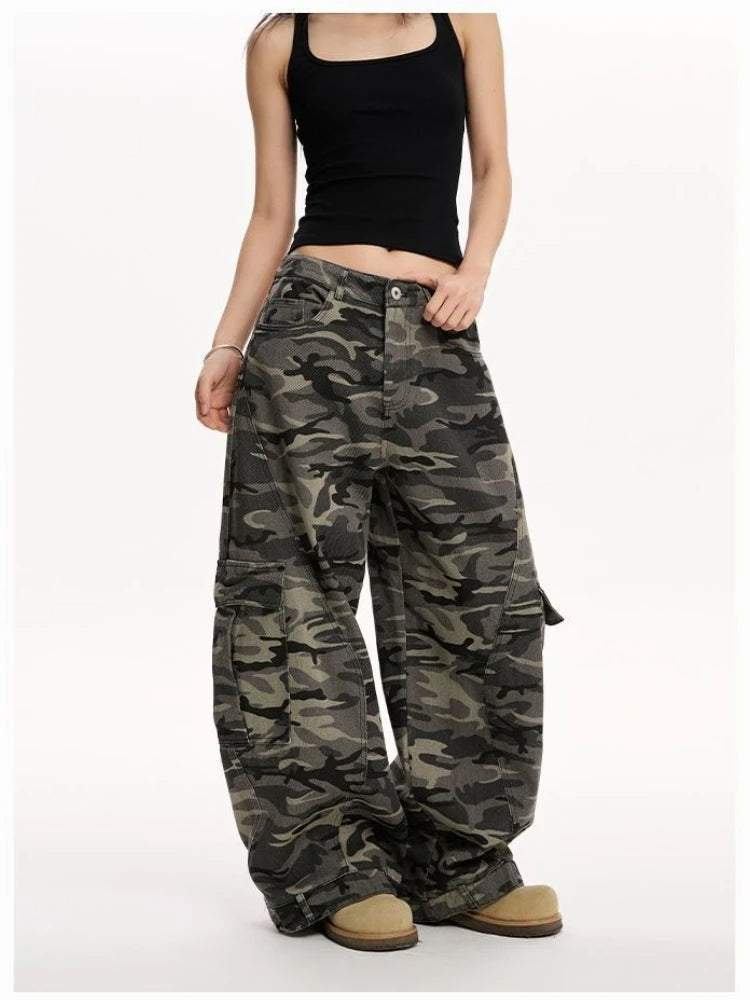 Women'S Large Side Pocket Curved Loose Camouflage Pants Street Cool Girl Bottoms Female Unisex High Waist Wide Leg Trousers