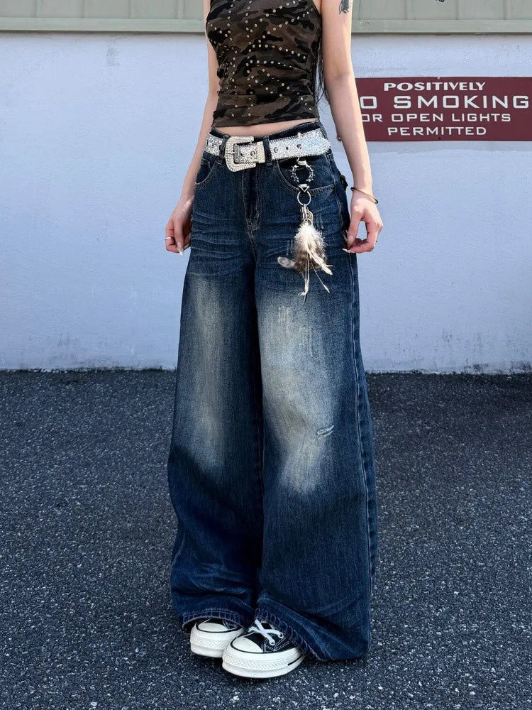 Women'S Retro Blue High Waisted Jeans Street Fashion Cool Girl Wide Leg Streetwear Trouser Female Casual Vintage Denim Pants