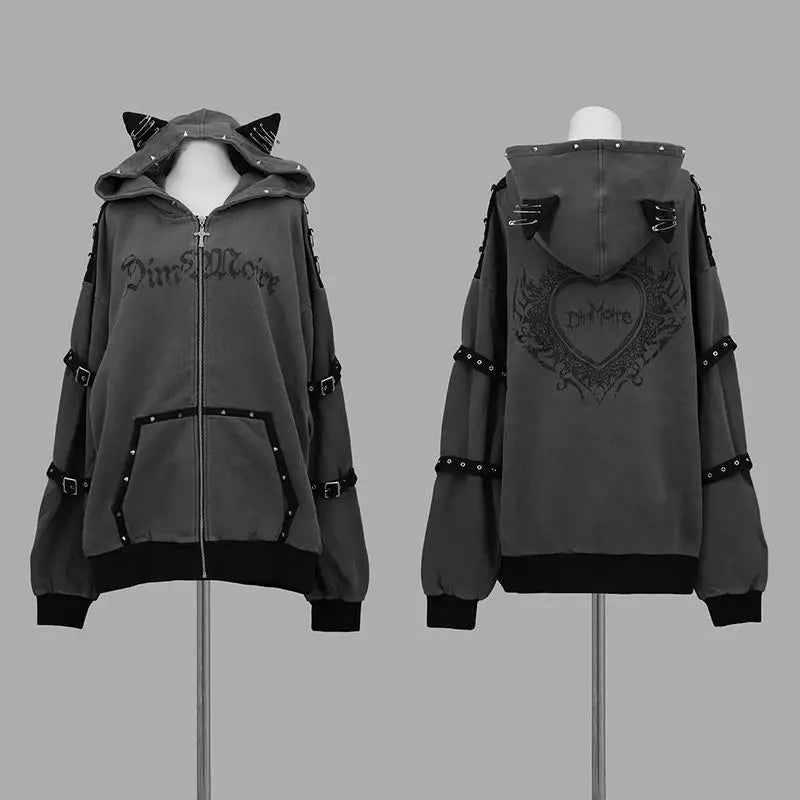Y2K Aesthetic Letter Print Punk Hoodies Women Grunge Loose Pocket Oversized Hoody Harajuku Casual Streetwear Zipper Sweatshirts